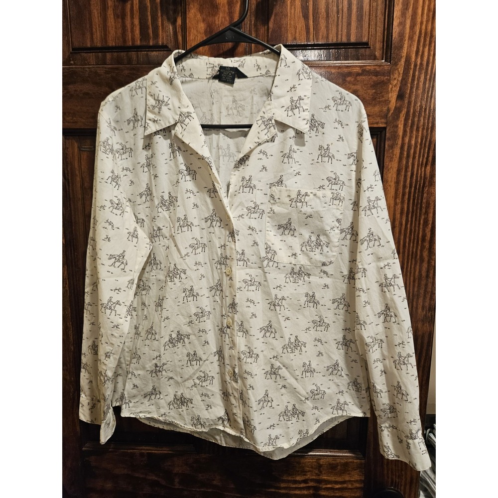 J.CREW Women Ivory Equestrian Horse Print Cotton Button Up Western Shirt Size 10